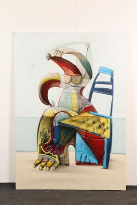 un tableau représentant un clown assis sur une chaise