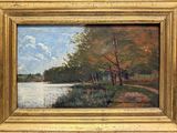 an oil painting of a river scene with trees and water