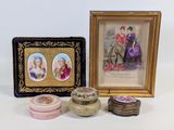 three framed pictures of women and a picture of a man and a woman