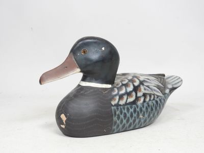 un canard posé sur une surface blanche