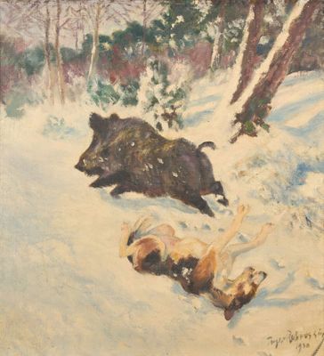 un tableau représentant deux ours et un animal mort dans la neige