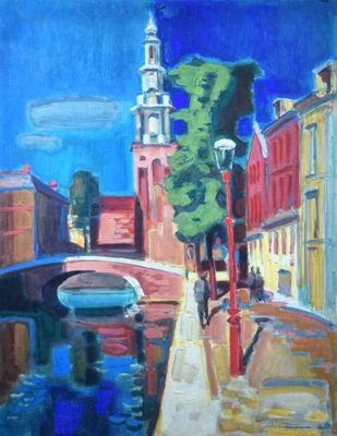 une peinture à l'huile représentant une rue de la ville avec un pont enjambant une rivière