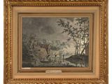 a painting of a river scene with a village and a bridge