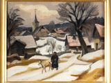 une image d'un tableau représentant un village dans la neige