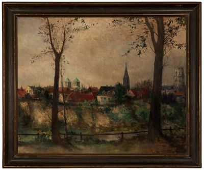 un tableau représentant un paysage avec des arbres et une église au loin