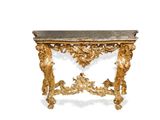a gold console table with a marble top on a white background