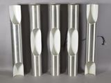 four silver tubes with holes and a blue handle on a white surface