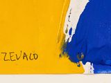 yellow, blue and white painting with the word zevaco written on it