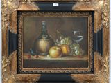 une peinture à l'huile représentant une nature morte composée de fruits et d'une bouteille de vin