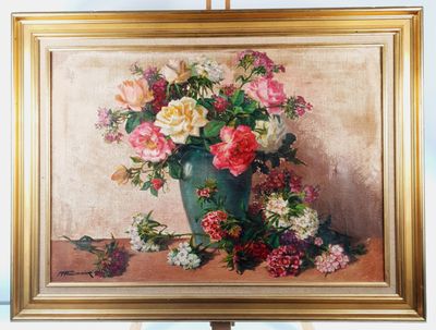 a painting of flowers in a vase on a easel