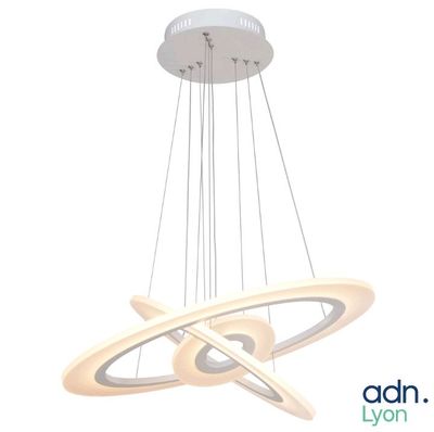the circular light fixture is hanging from the ceiling in the room