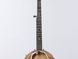 a close up of a banjo hanging from a string on a wall