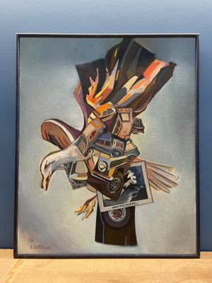 une image représentant un tableau d'un homme portant un chapeau et un oiseau sur la tête