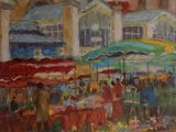 a painting of an outdoor market with umbrellas and people