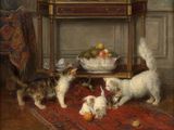 painting of a group of cats playing with a ball on a rug