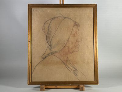 Pierre Victor GALLAND (1822-1892). Paysanne au fichu. Sanguine et cray