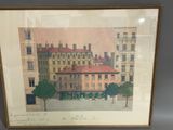painting of a building with a red roof and a tree in front of it