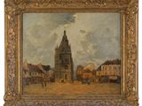 an old painting of a building with a clock tower in the middle of it