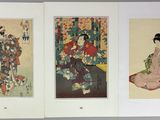 three framed prints of geisha women in kimono robes