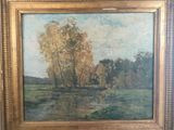 an image of a painting of a river with trees in the background