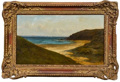 une peinture à l'huile représentant une scène de plage avec un voilier au loin