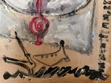 a painting of a white purse with a red handle