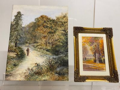 painting of a man walking down a dirt road next to a painting of a man walking down a dirt road