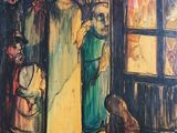 an image of a painting of a woman standing in front of a door