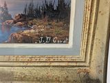 a picture of a painting of a lake with ducks in it