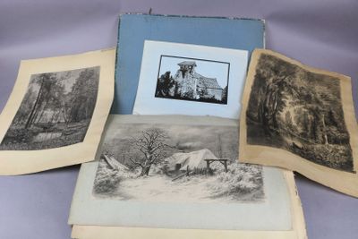 three old books with pictures of a mountain scene on them