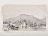 an old picture of a group of people riding horses across a river