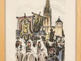 an image of a painting of a group of people in front of a church