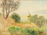 a watercolor painting of a field with trees in the background