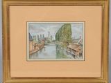 an image of a painting of a river with houses and trees