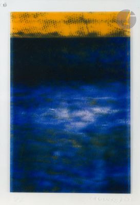 an image of a blue and yellow painting on a white wall