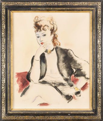 un tableau représentant une femme assise sur une chaise, la main posée sur le menton