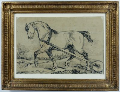 un dessin représentant un cheval tirant une charrue dans un champ