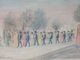a painting of a group of people walking down the street
