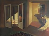 a painting of a room with a table and a chair