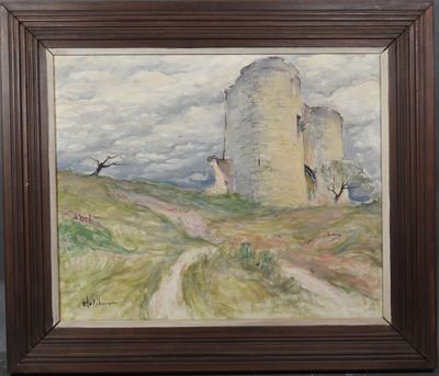 une peinture à l'huile représentant un château sur une colline, survolé par un oiseau