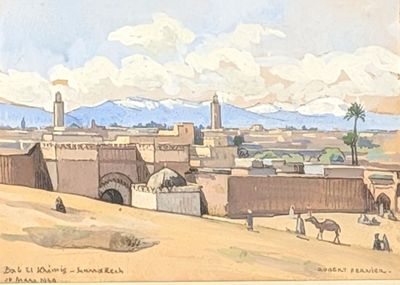 drawing of a view of a city with a bridge and a tower