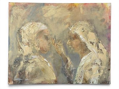 painting of two women facing each other with their hands in front of them