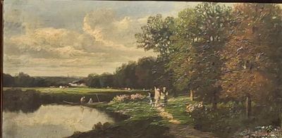 un tableau accroché au mur représentant une rivière