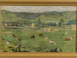 an oil painting of cows grazing in a green field with hills in the background