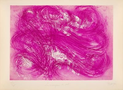 dessin à l'encre rose représentant la tête d'une femme aux cheveux longs