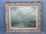 un tableau représentant une scène de plage avec un bateau au loin