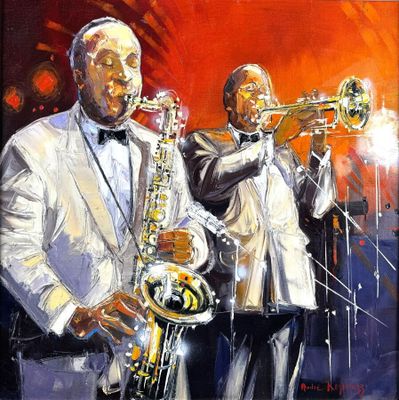 a painting of two men in tuxedos playing saxophones