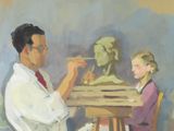 a painting of a man and a little girl sitting at a table