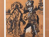 une image représentant un dessin d'un soldat et d'un cheval dans un champ