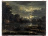 an image of a painting of a river at night with a boat in the foreground